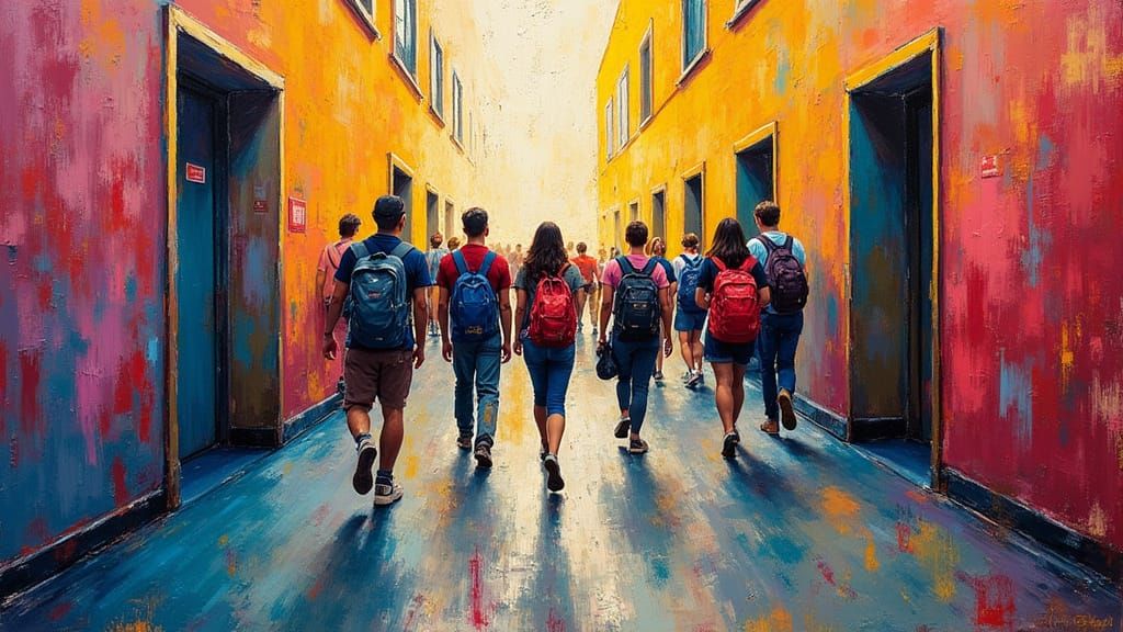 High School Hallway Scene in Bold Impasto Painting Style
