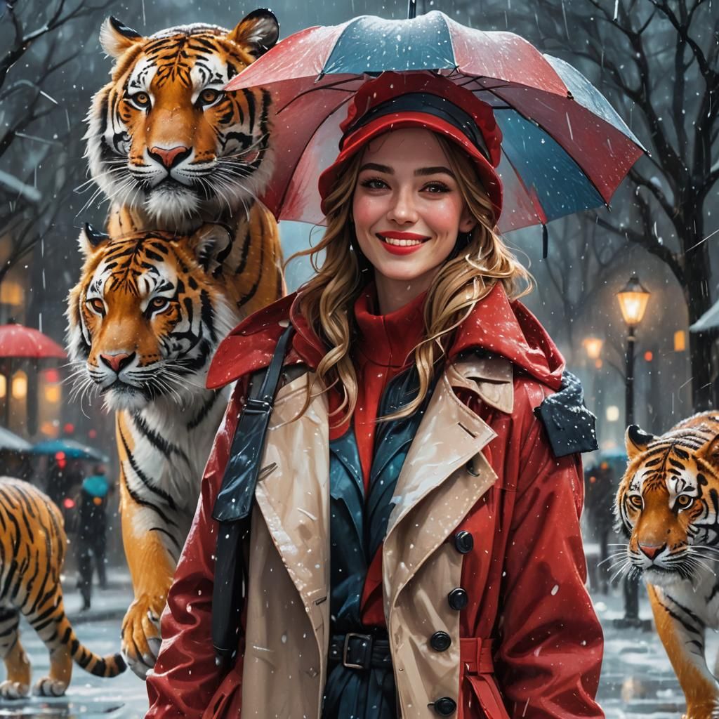 Woman and Tiger in Snowy Fantasy Landscape