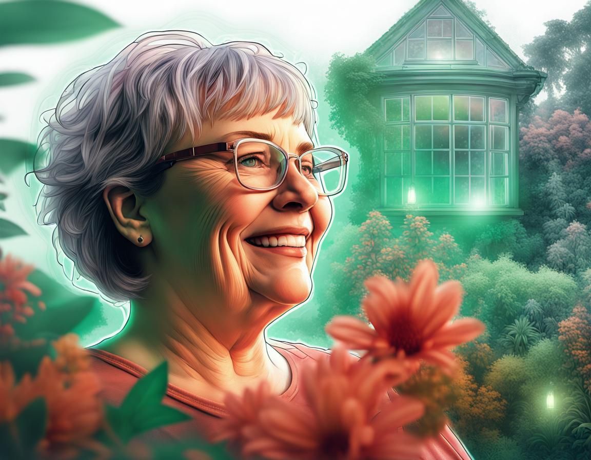 Mature Woman with Garden Double Exposure Photography