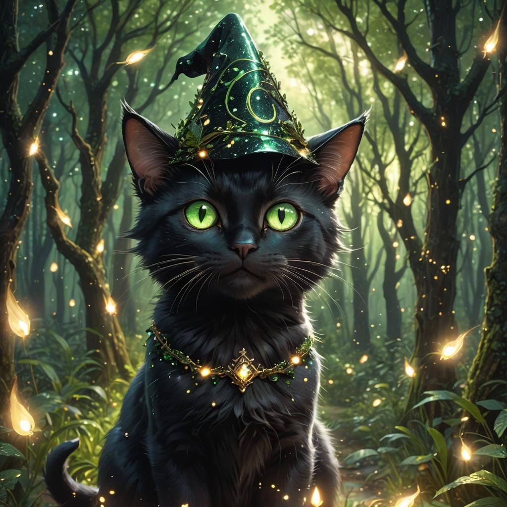 Mythical Anime Black Cat in Magical Forest