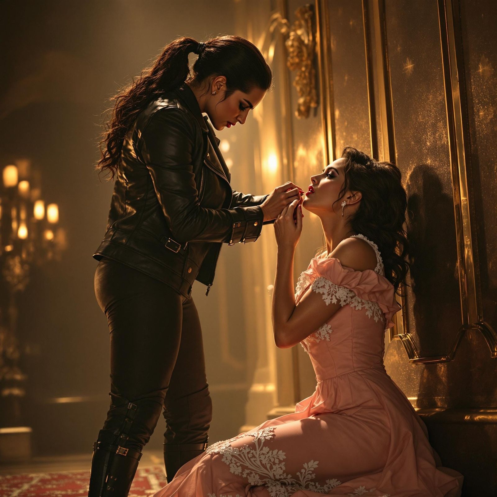 Confident Ziva David Applies Lipstick to a Kneeling Figure i...