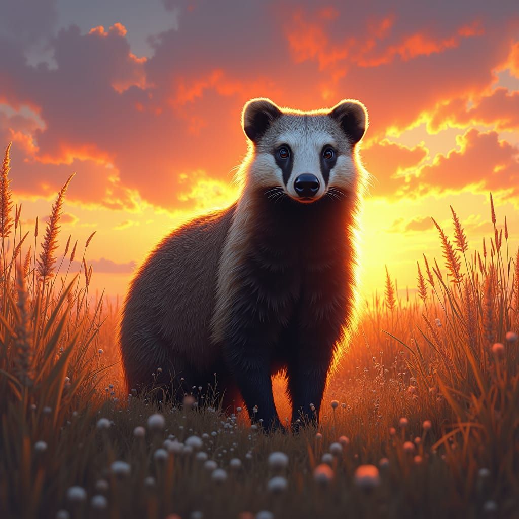 Badger in Sun-Drenched Field at Sunset