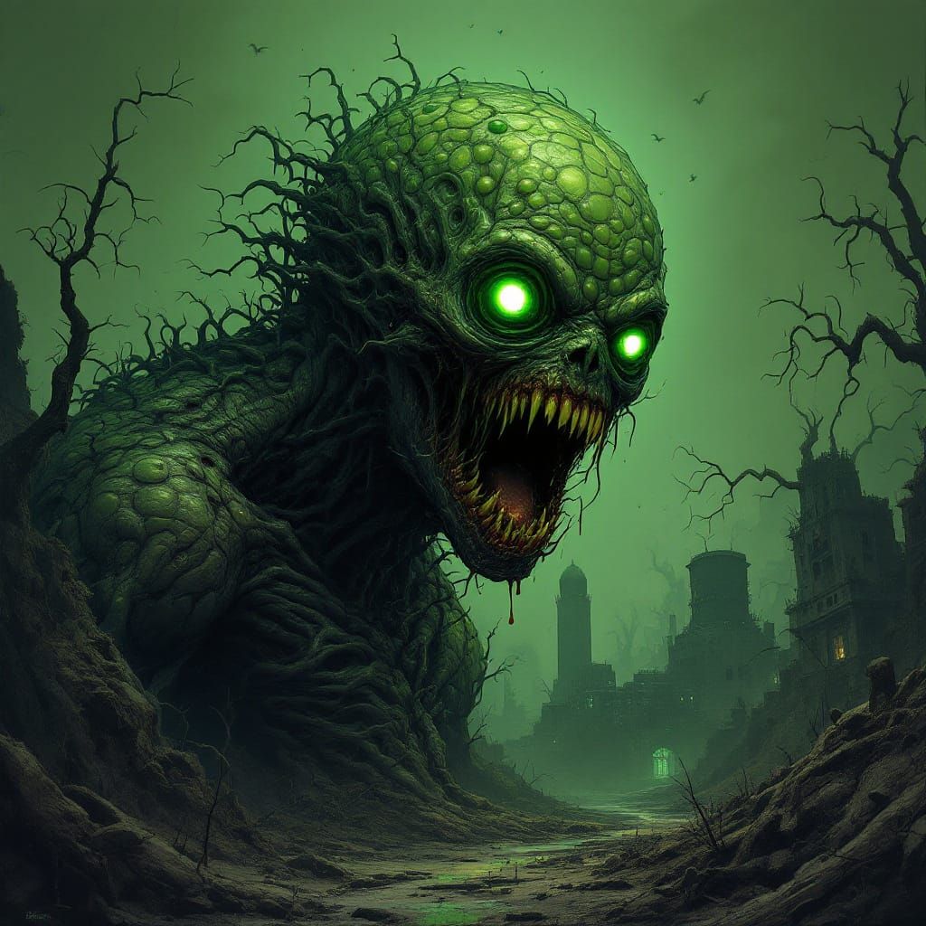 Radioactive Humanoid in Post-Apocalyptic Landscape