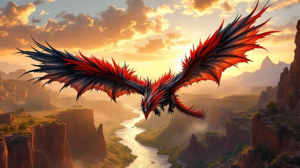 Majestic Red Phoenix Dragon Soars Through Canyon Sunset
