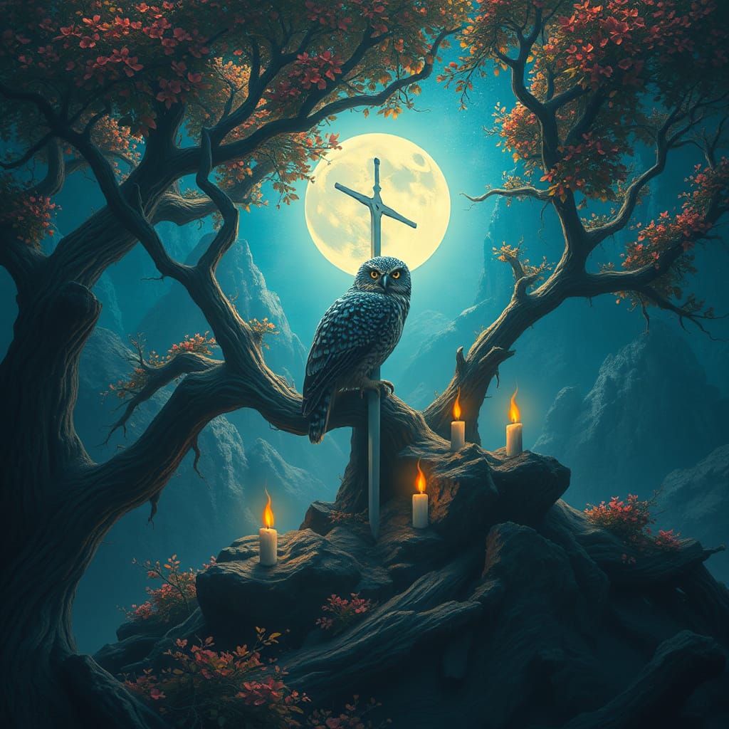 Blue Owl Leopard God in Fantastical Matte Painting