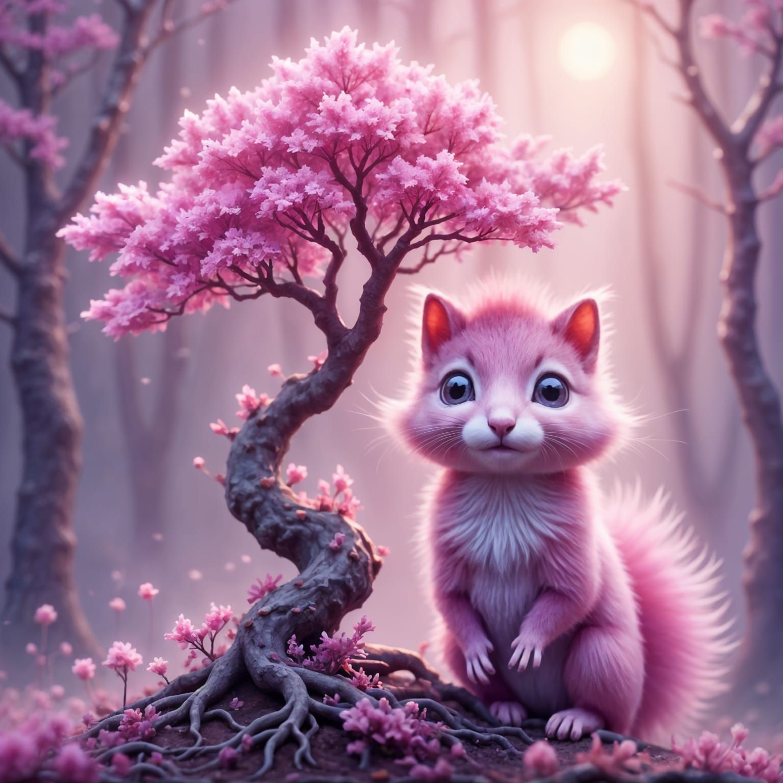 Pink Squirrel and Bonsai Tree