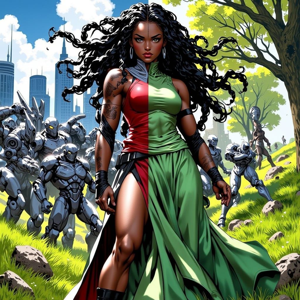 Afrofuturist Superheroine in Cyberpunk and Pastoral Settings