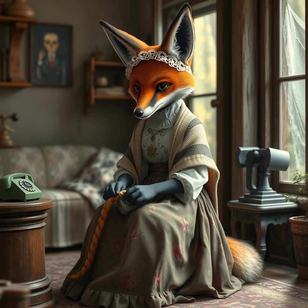 Surrealistic Portrait of a Gentle Fox Mending Socks in a Whi...