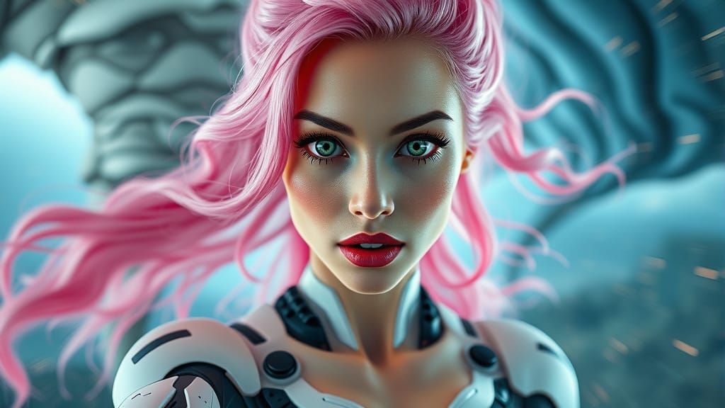 Biologic Woman with Mech Arm in Futuristic Tornado