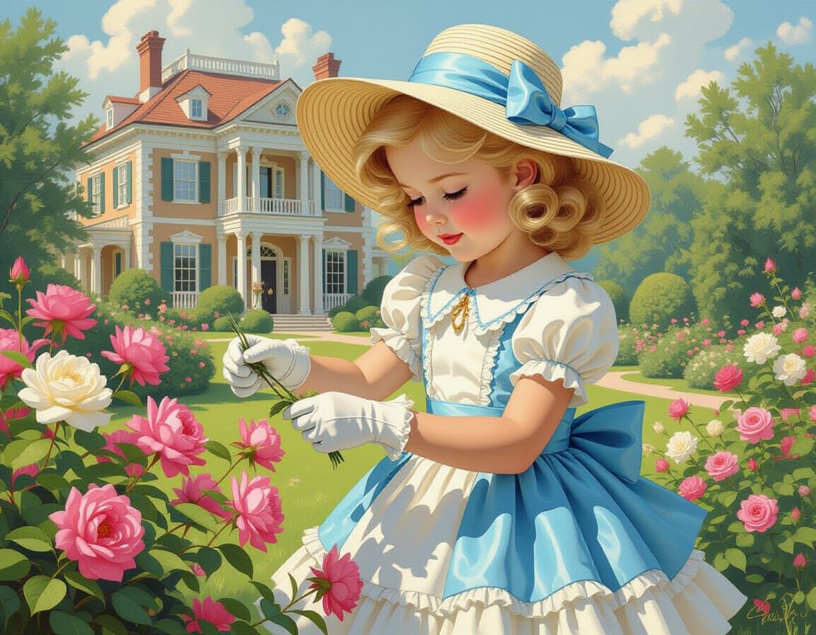 Girl Pruning Flowers in Lush Garden: Whimsical Nostalgic Art