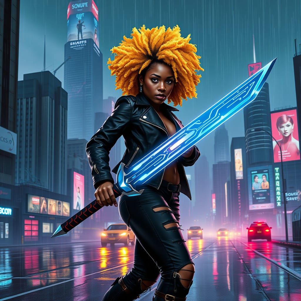 Dark Skinned Warrior with Electric Blonde Afro and High Tech...