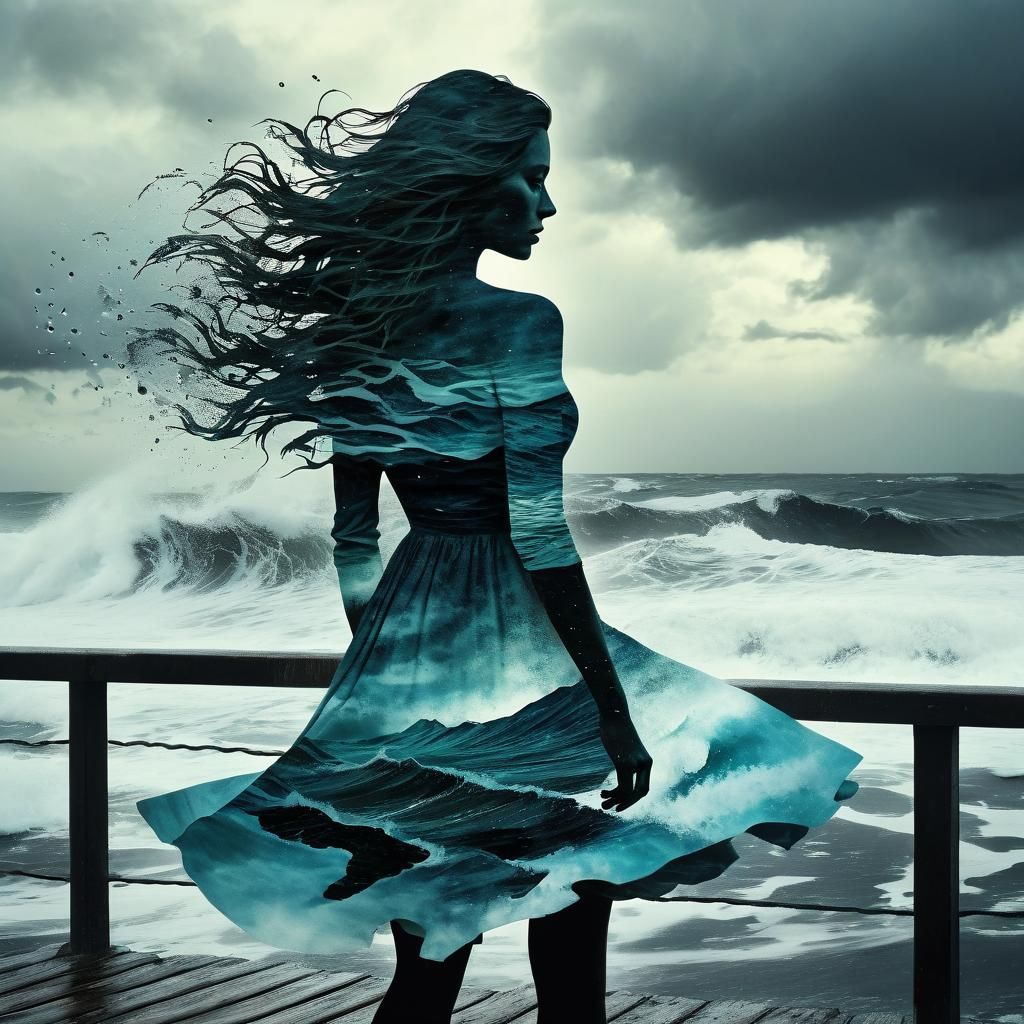 Woman on Pier in Storm: Double Exposure Art