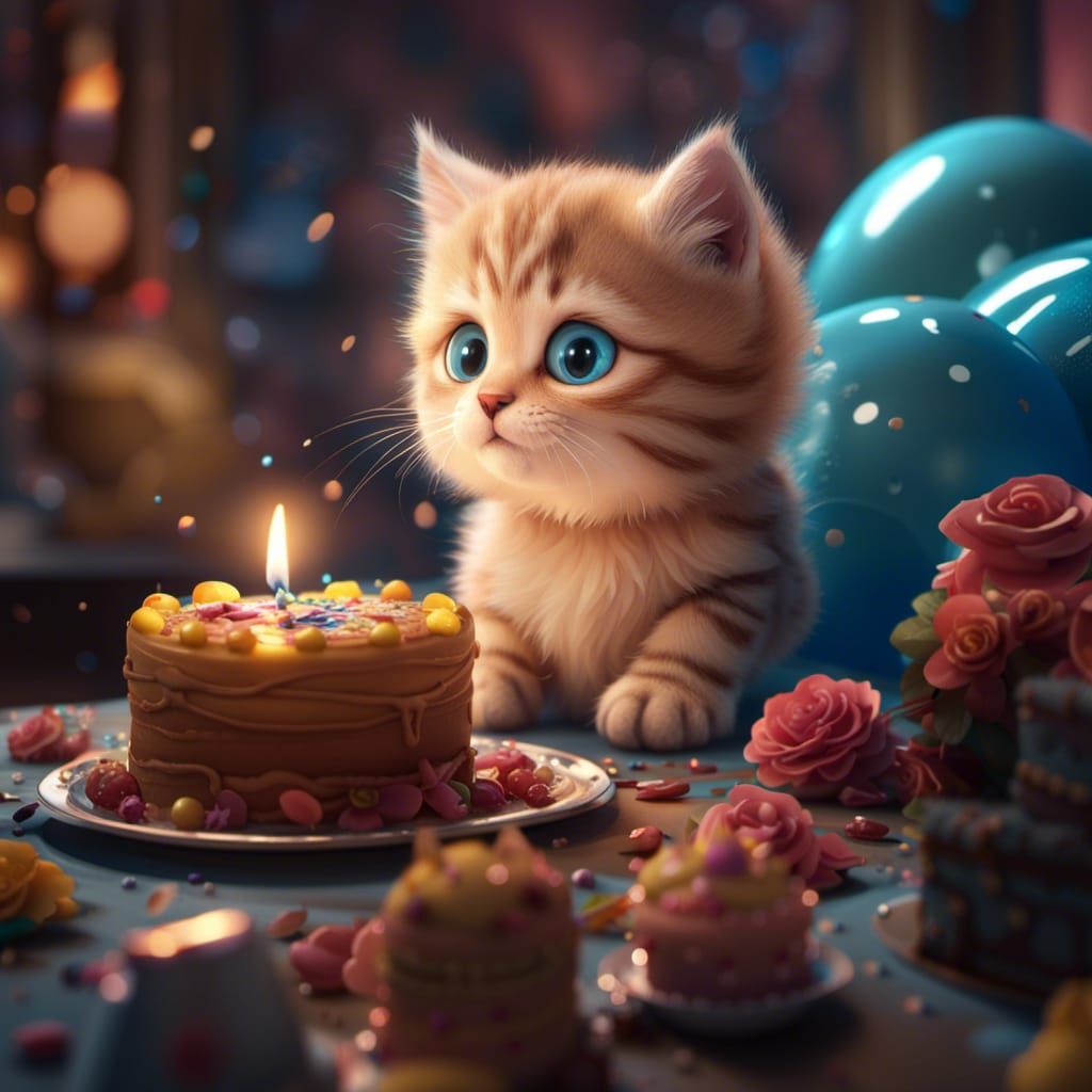 Cute Kitten Celebrates Birthday in Detailed Digital Painting