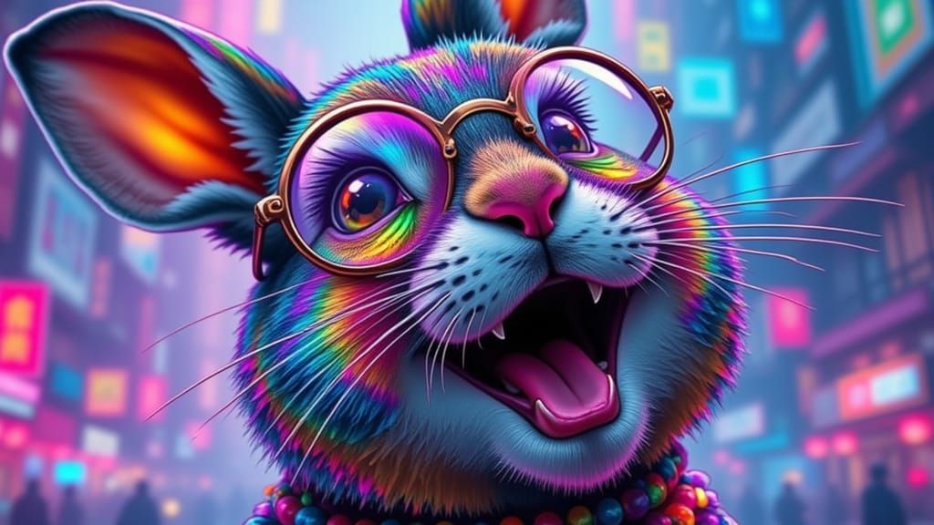 Rainbow Water Bunny Laughing in Cyberpunk Style