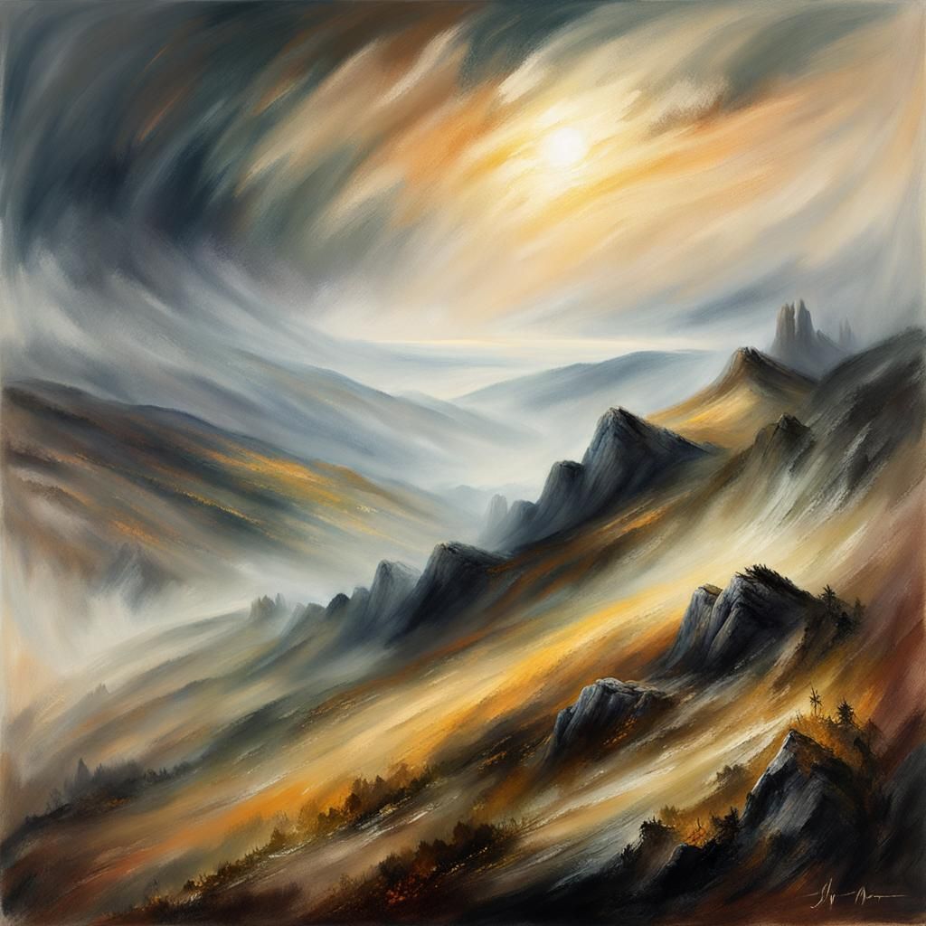 Misty Hill Landscape in Romanticist Style