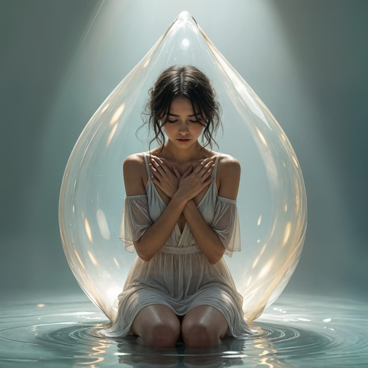 Sorrowful Girl Trapped in Glowing Teardrop