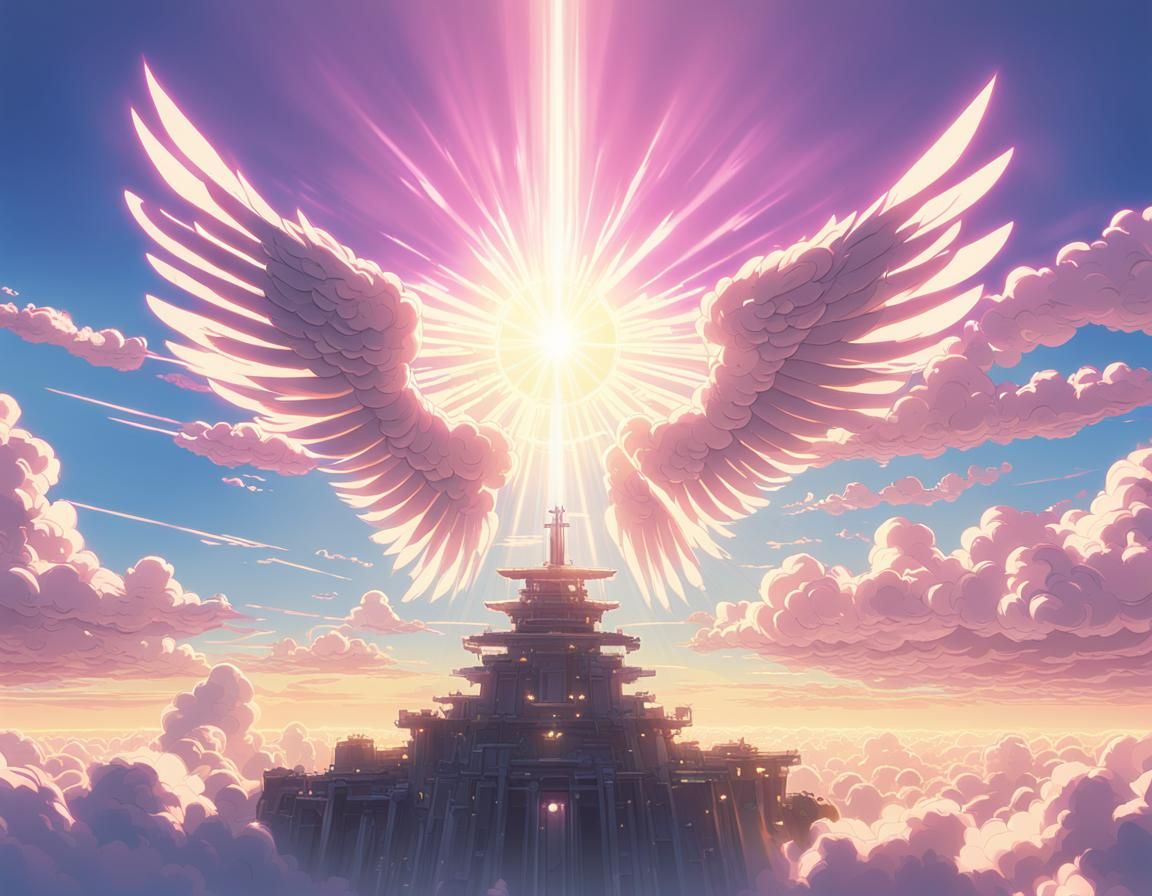 Angels with Mechanical Wings in Divine Light