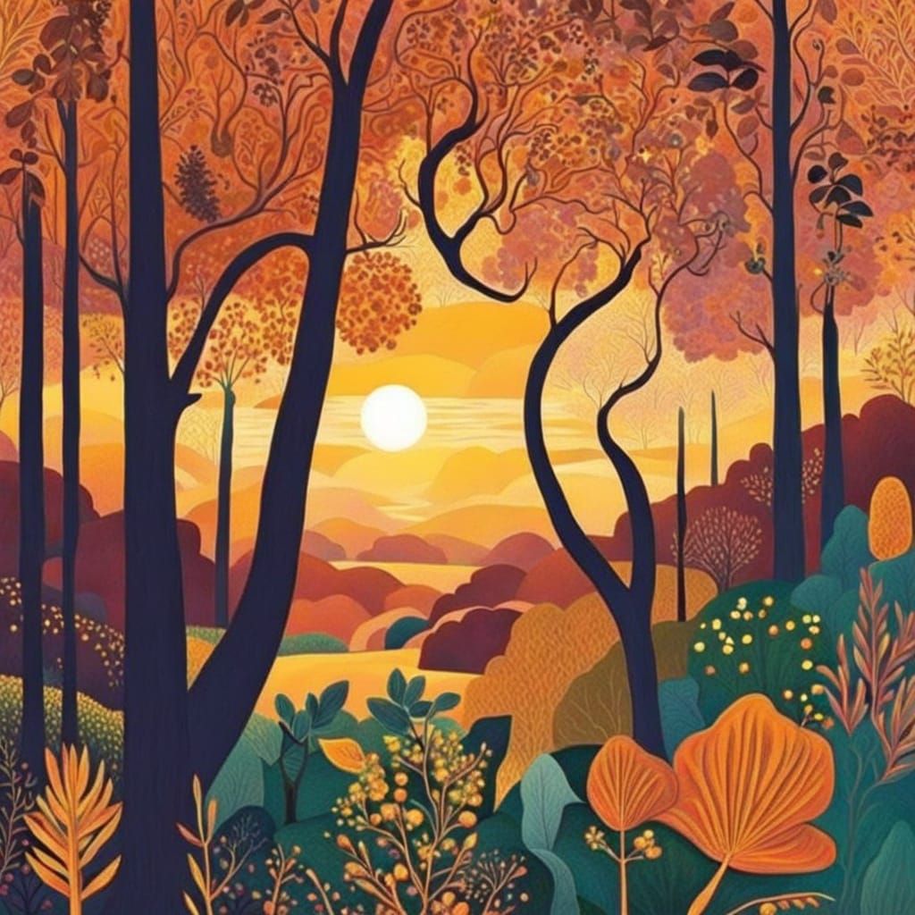 Mystical Golden-Hour Forest Landscape in Matisse Style