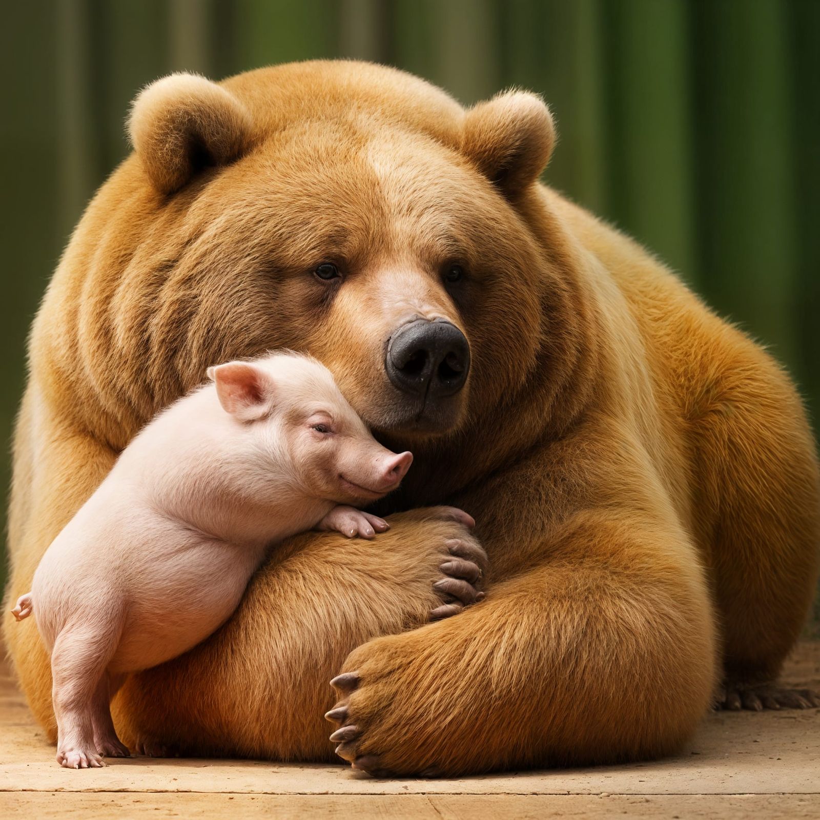 Pig Hugs Grizzly Bear in Soft Lighting