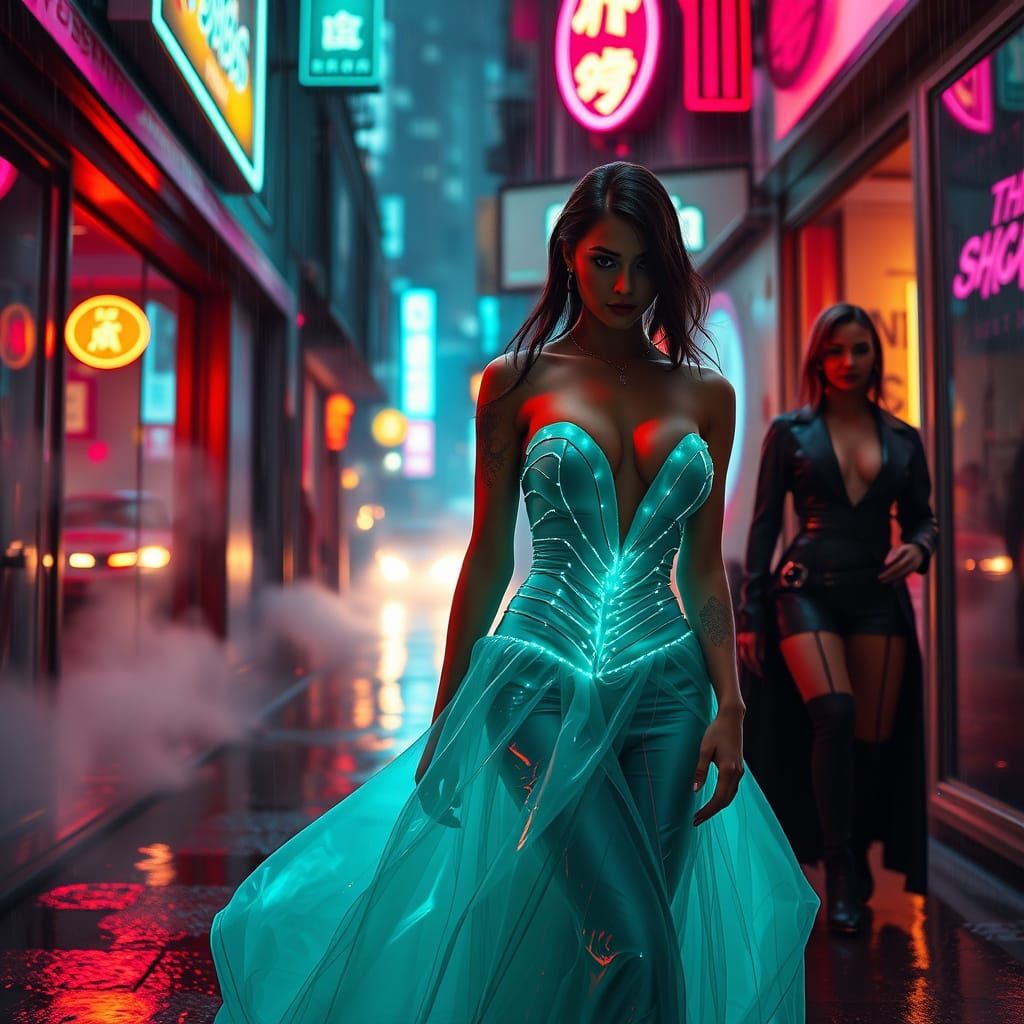 Cyberpunk Woman in Turquoise Gown Amid Neon Lights
