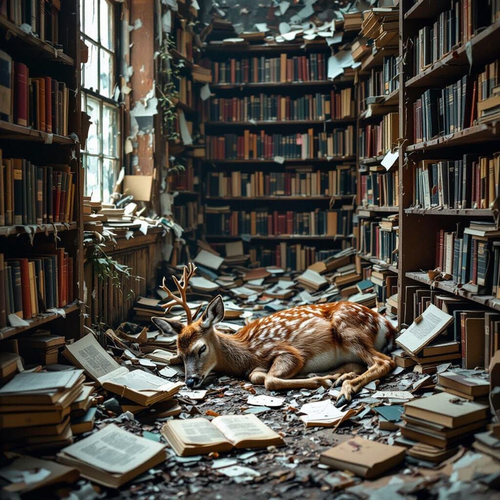 Deer Family Sleeping in Abandoned Library