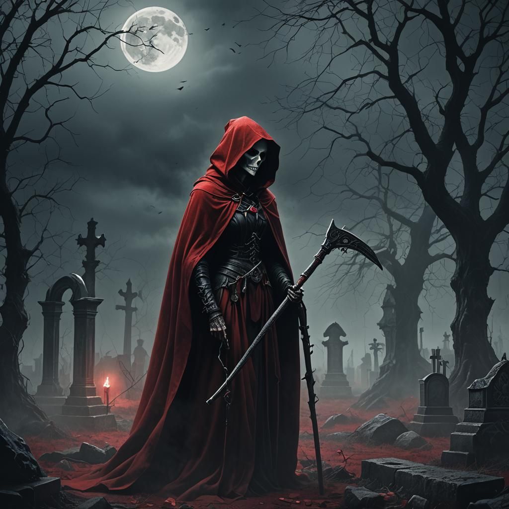 Female Grim Reaper in Graveyard: Dark Fantasy Illustration