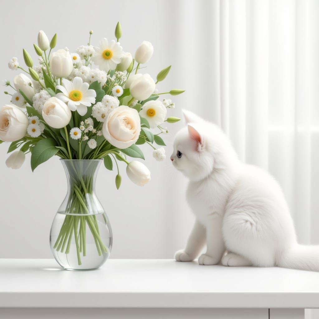 Ultra Cute White Cat Sniffs White Flowers in Hyper Realistic...