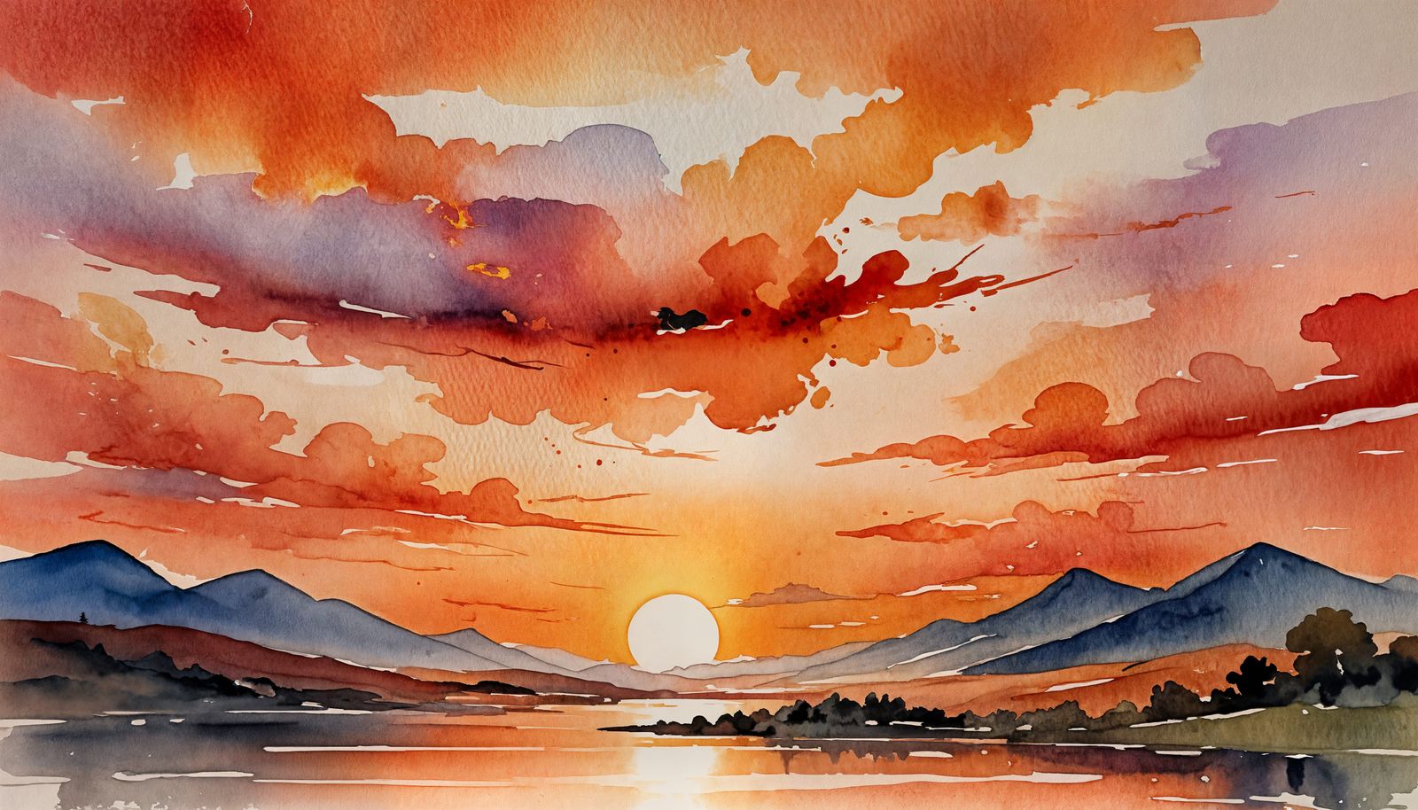 Dramatic Sunset in Watercolor with Fire Red Hues