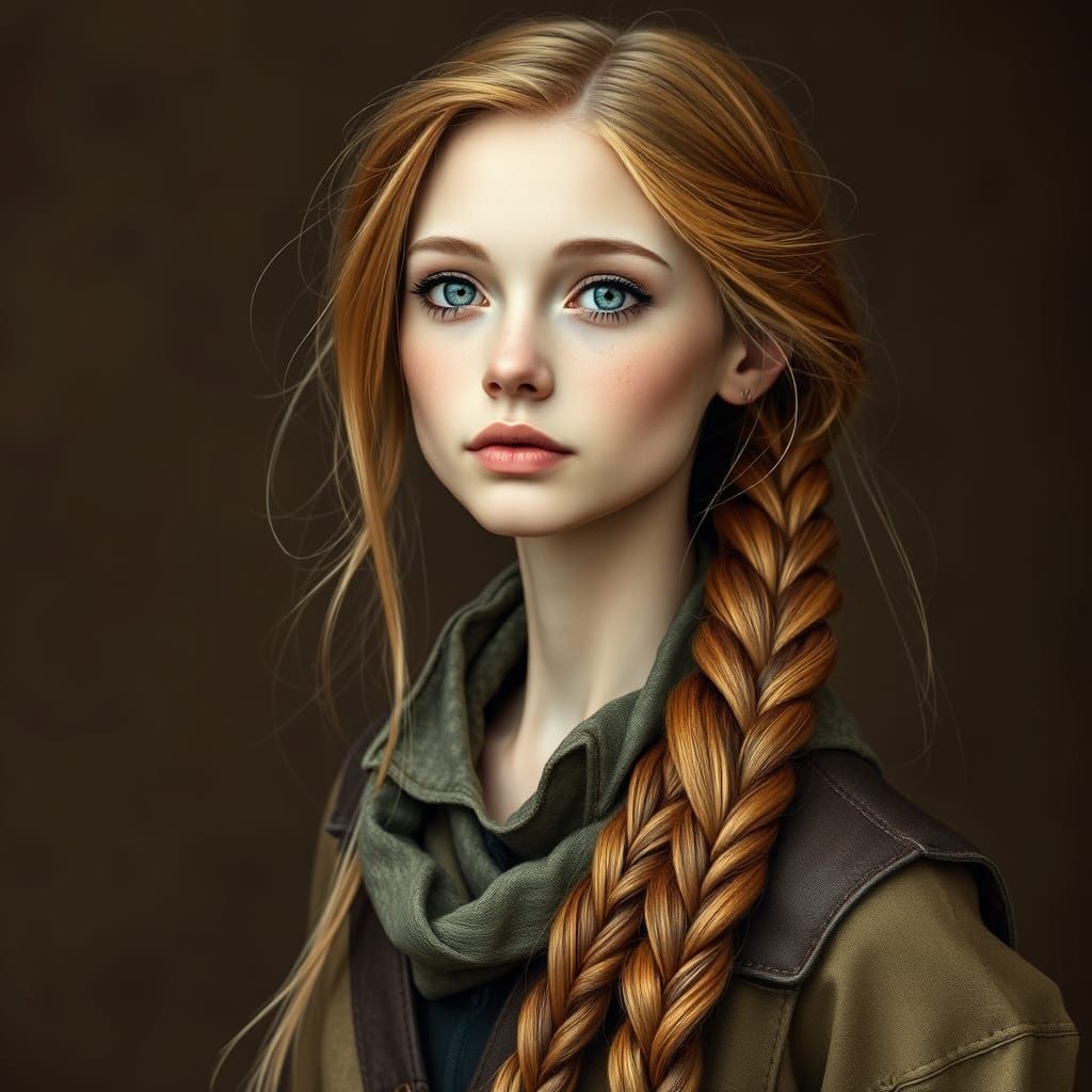 Elegant Huntress with Long Hair and Hunting Attire