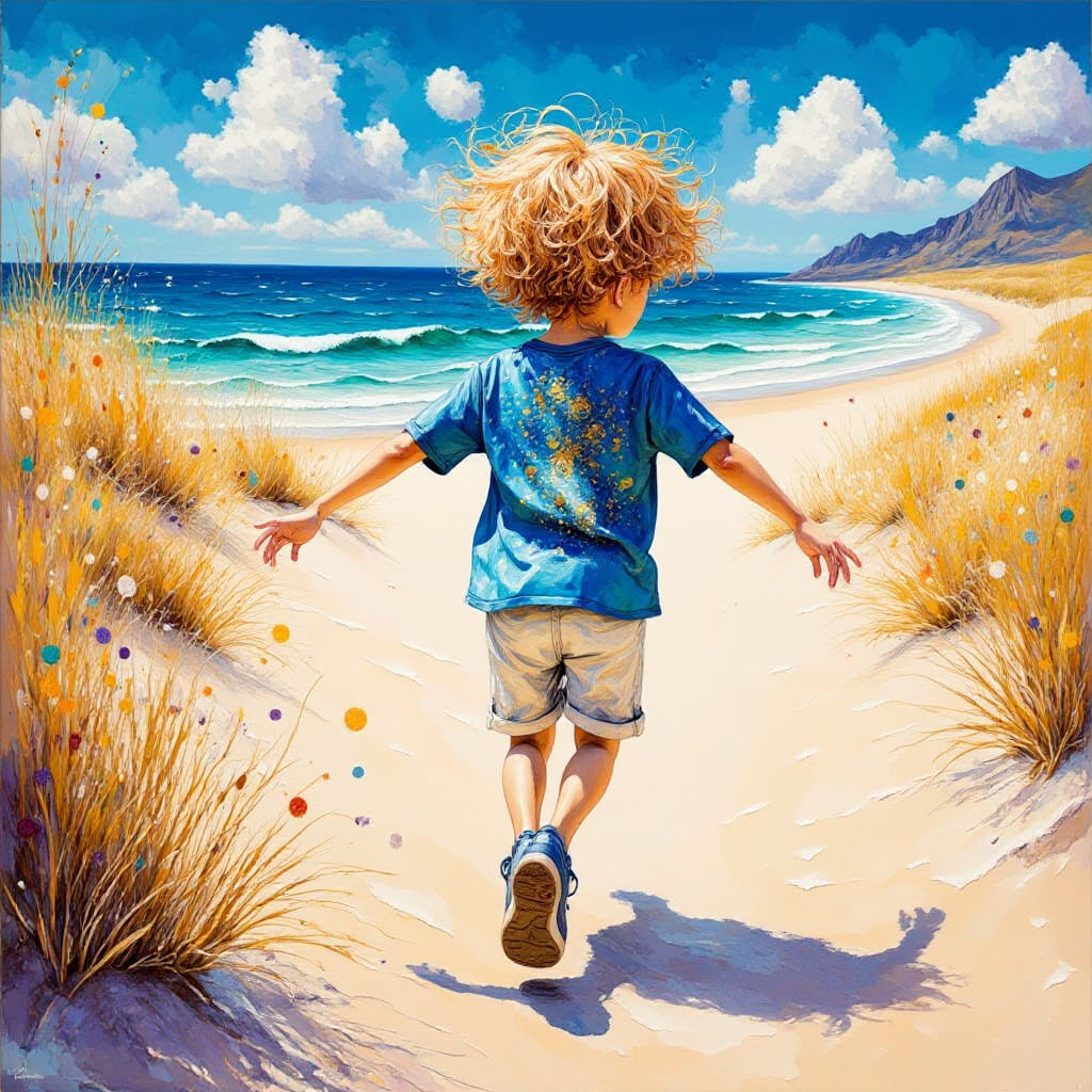 Boy Runs on Beach in Style of Van Gogh, Klimt