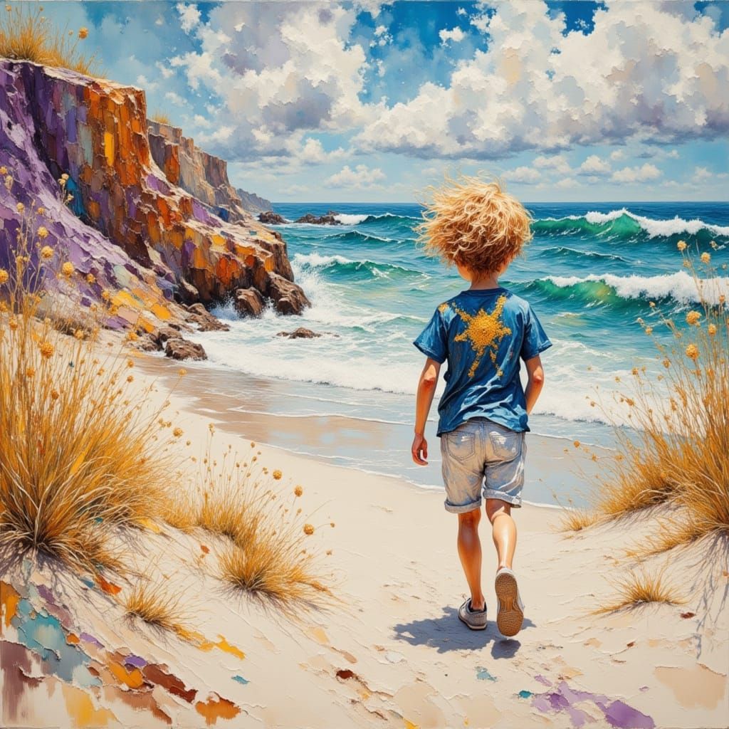 Boy Runs on Lavender Beach in Impasto Style