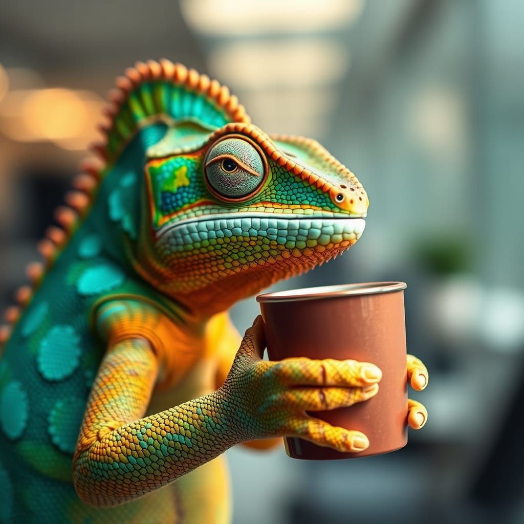 Whimsical Chameleon Coffee Break in Office Setting