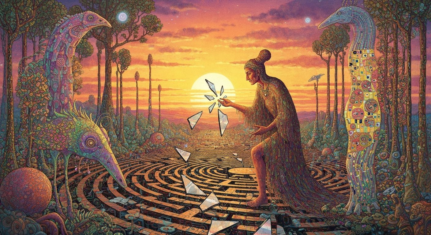 Mystical Shaman Gathers Mirror Shards in Sunset Labyrinth