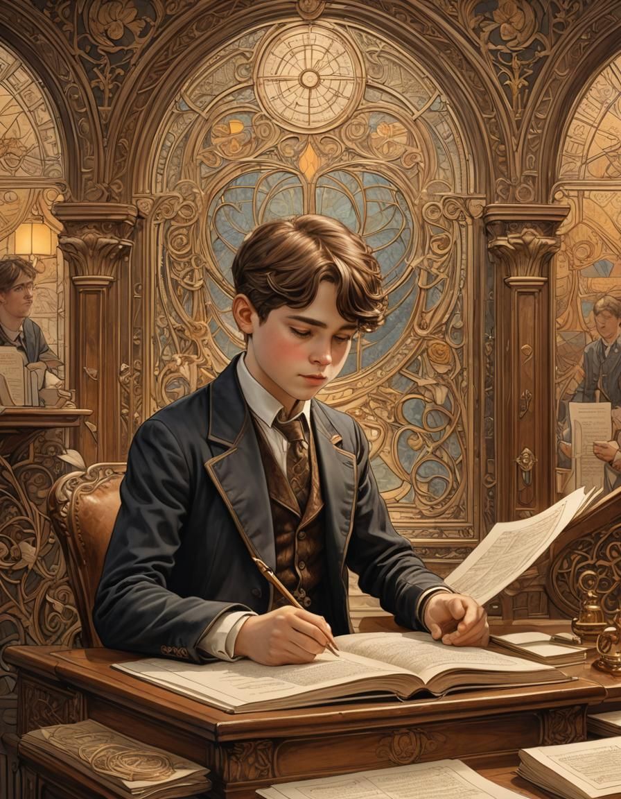 Boy Studying Book in Art Nouveau Style