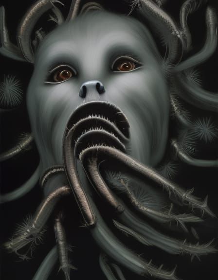 Horrific Fluffy Black Bear in Surrealist Style