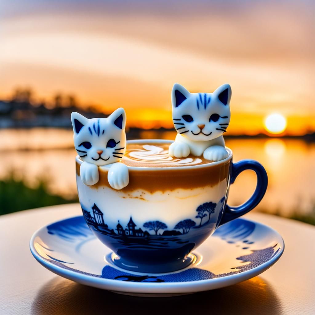 Kitten Latte Art in Blue Willow Teacup