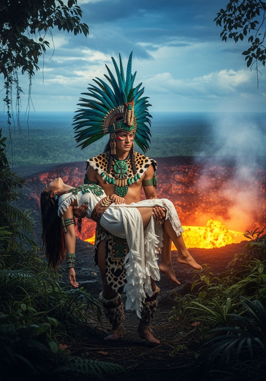 Aztec Chieftain's Jungle Journey to Volcano