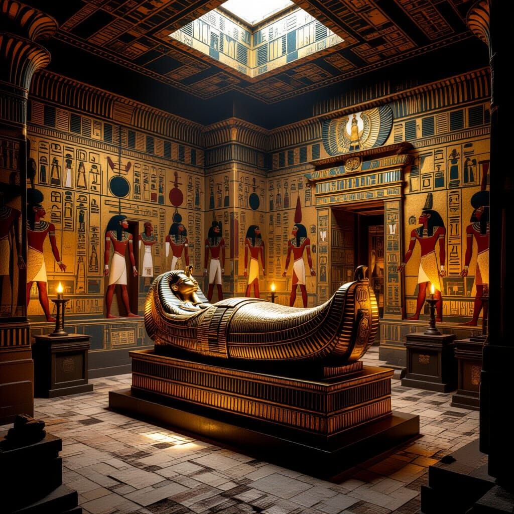 Egyptian Pyramid Chamber with Golden Sarcophagus