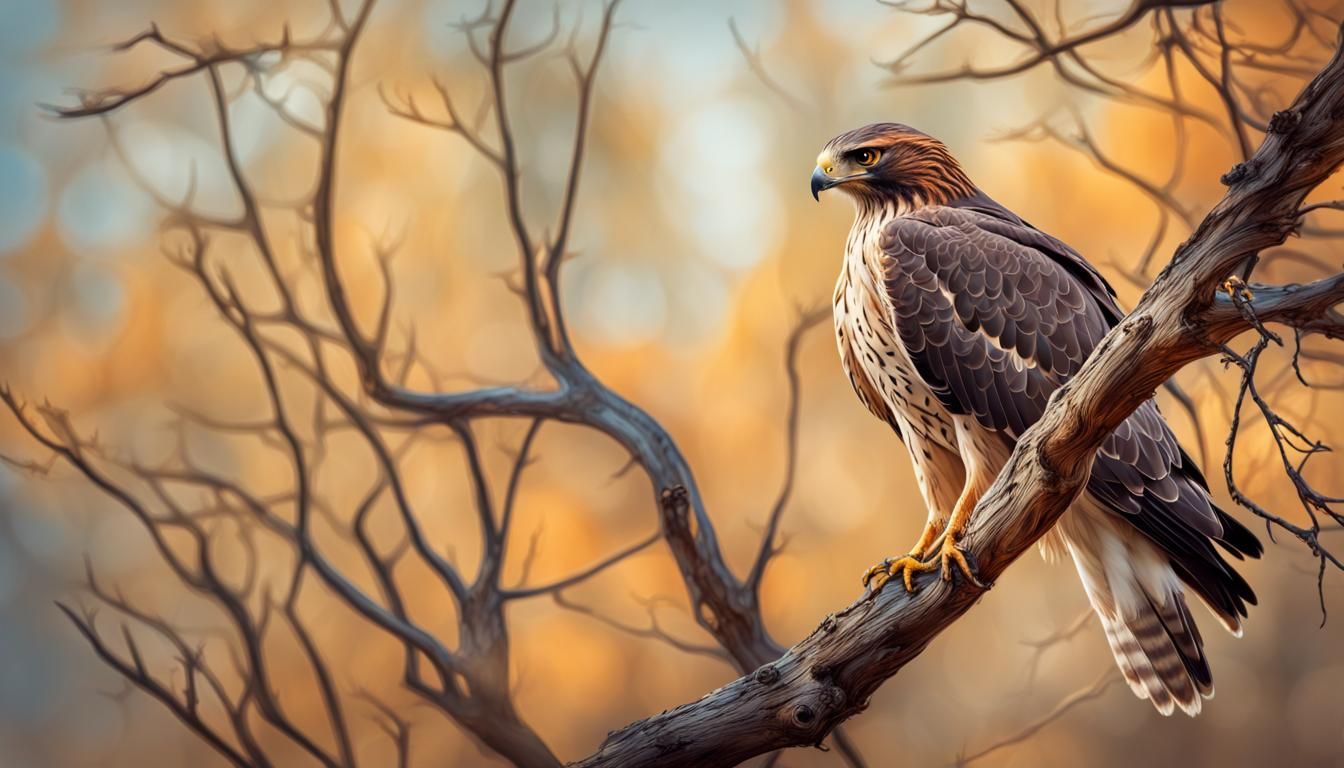 Hyperrealistic Hawk on Branch in Wildlife Photography