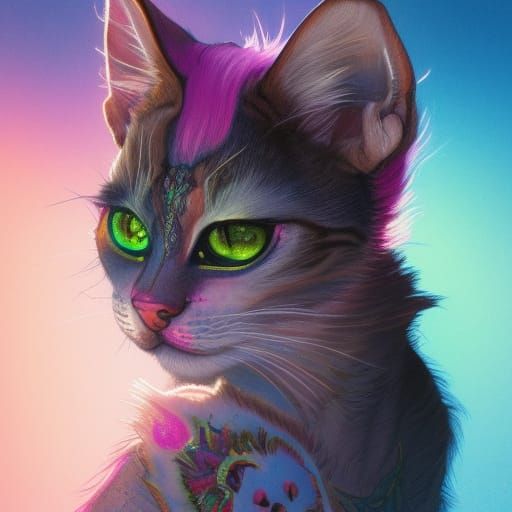 Rainbow Tattoo Kitten Portrait in Fantasy Style