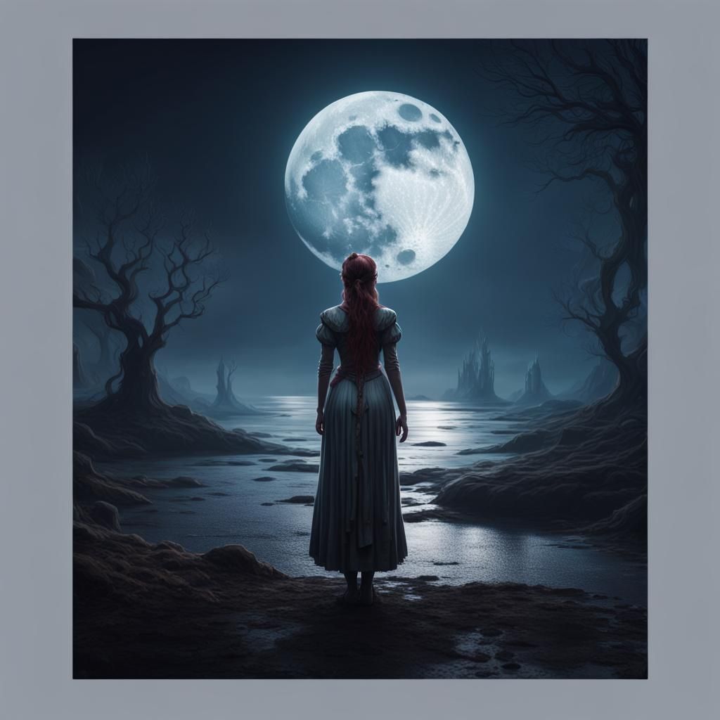 Spooky Woman Gazing at Moon in Moonlight