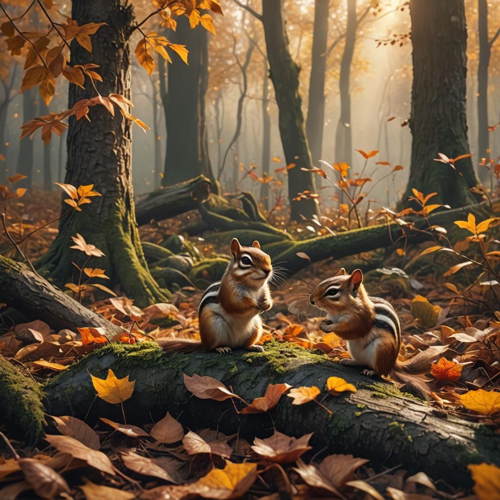 Cute Chipmunks Play in Autumn Forest Wonderland