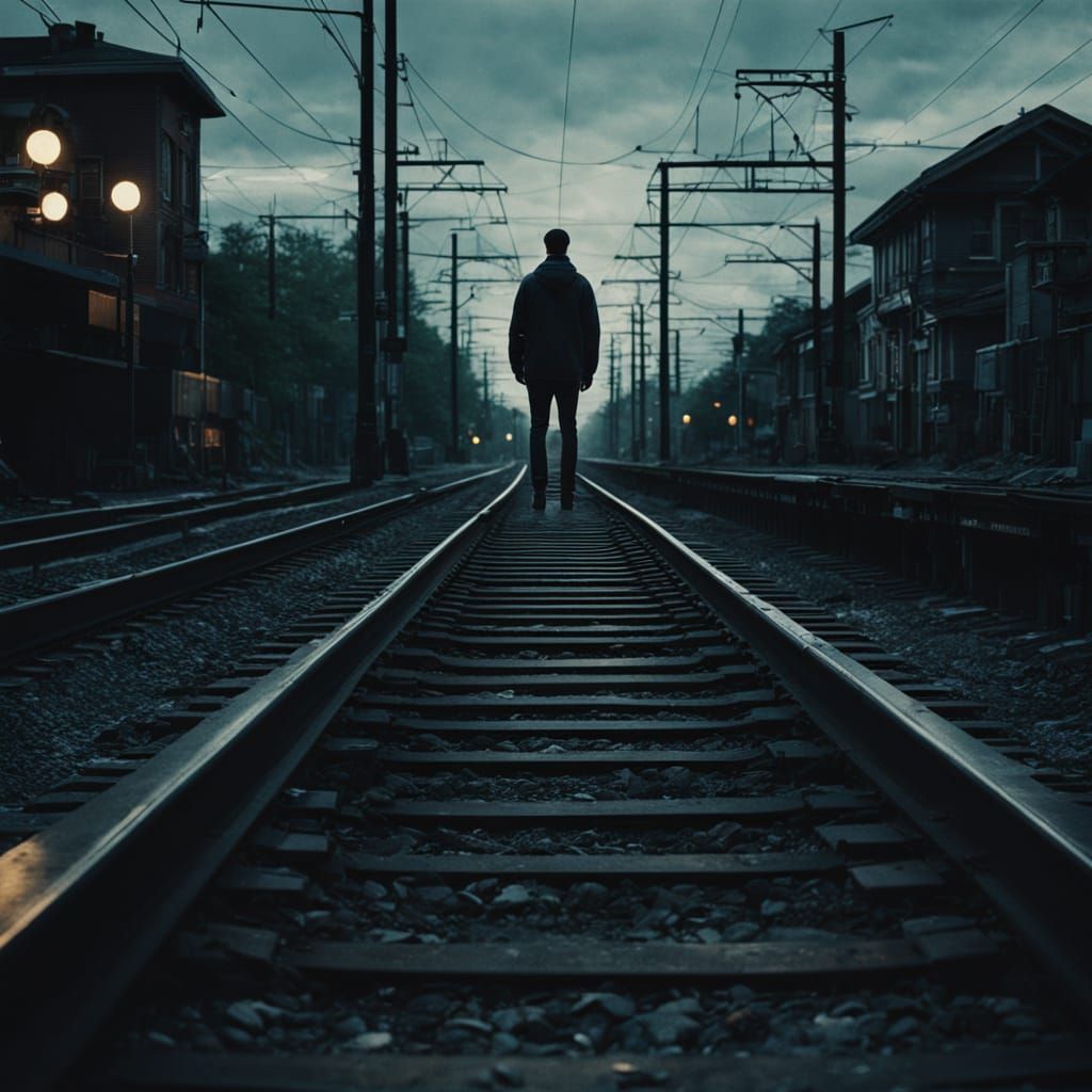 Gloomy Train Tracks: Cinematic Hyperrealistic Still