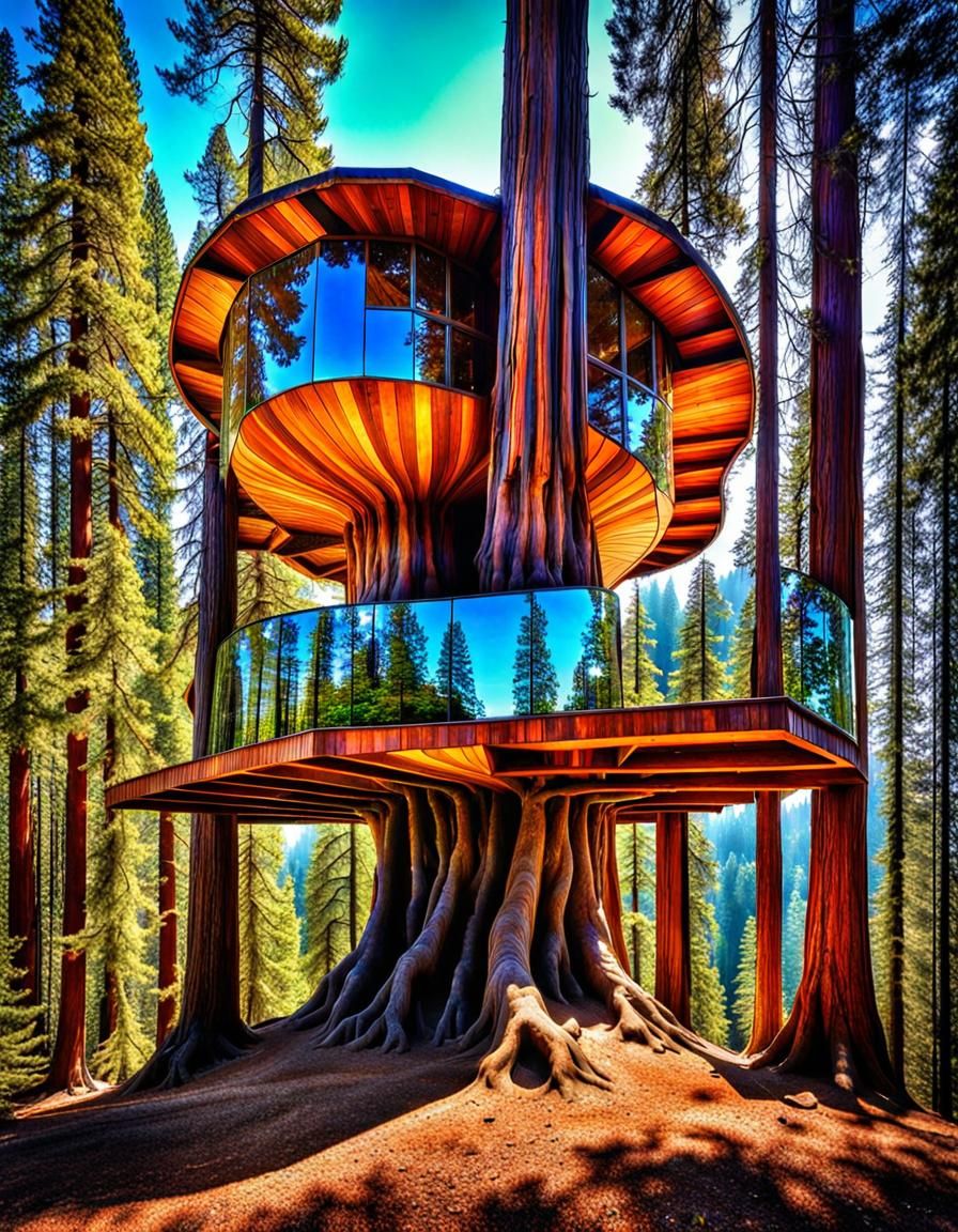 Futuristic Mirrored Treehouse Among Giant Sequoias