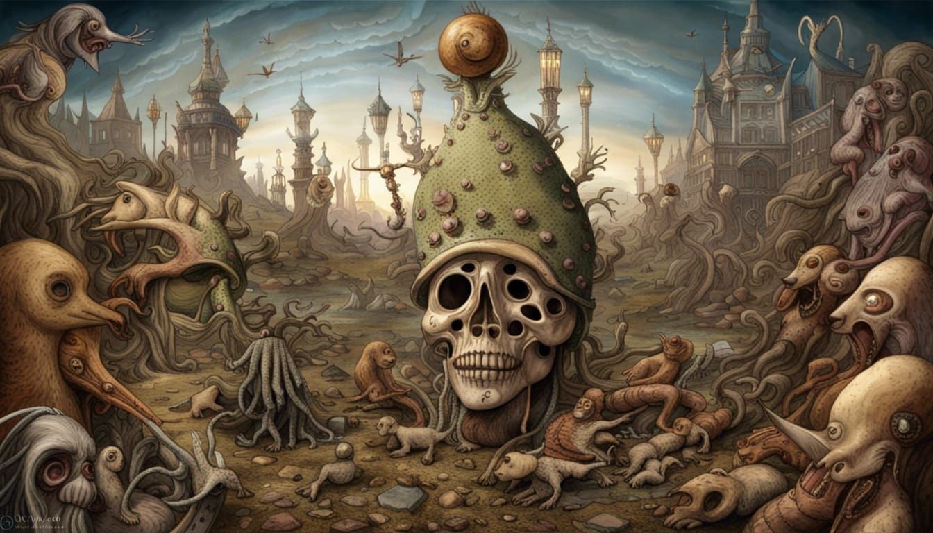 Surreal Plague Doctor in Post-Apocalyptic Wonderland