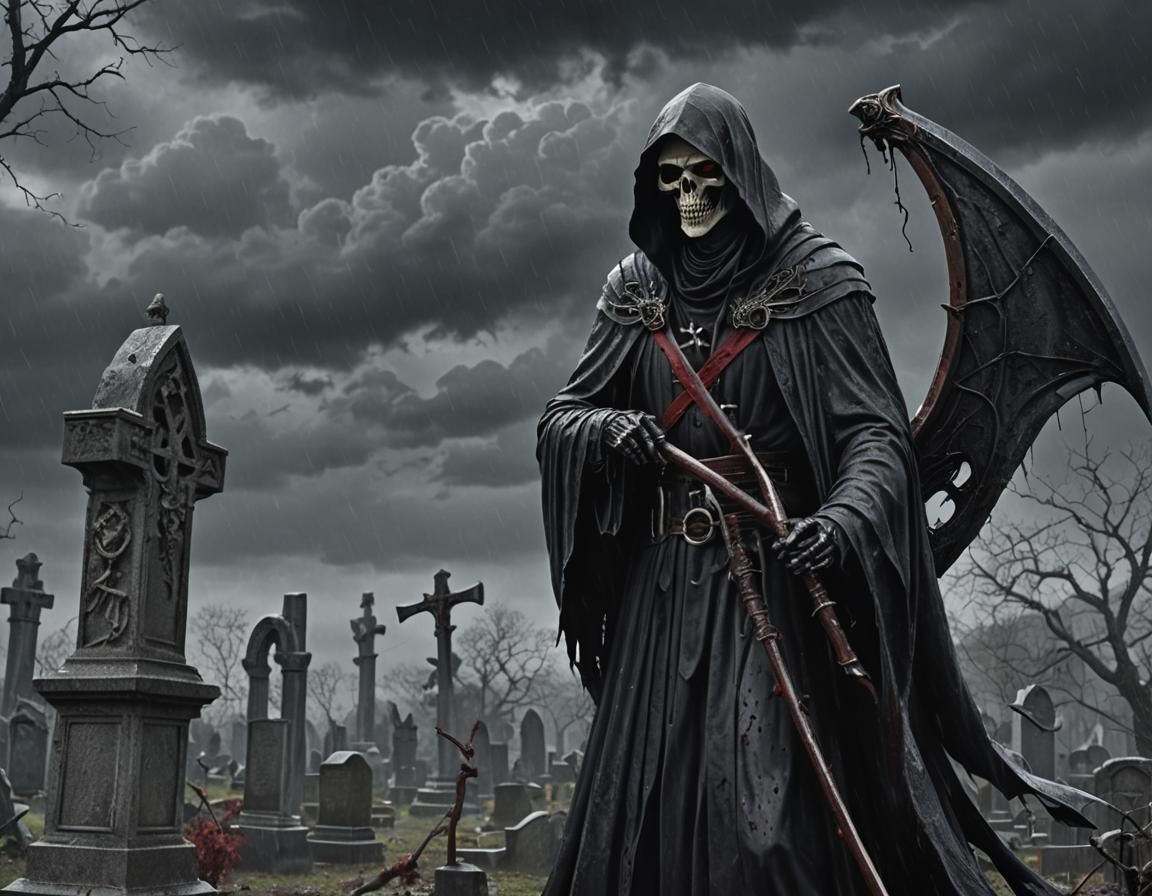 Grim Reaper in Graveyard: Gothic Dark Fantasy Art