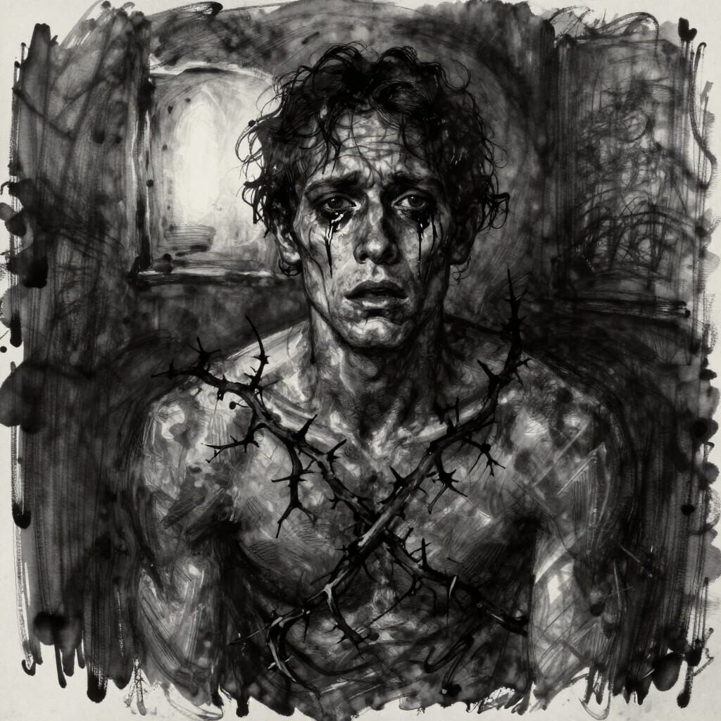 Visceral Portrait of Anguish in Charcoal and Ink