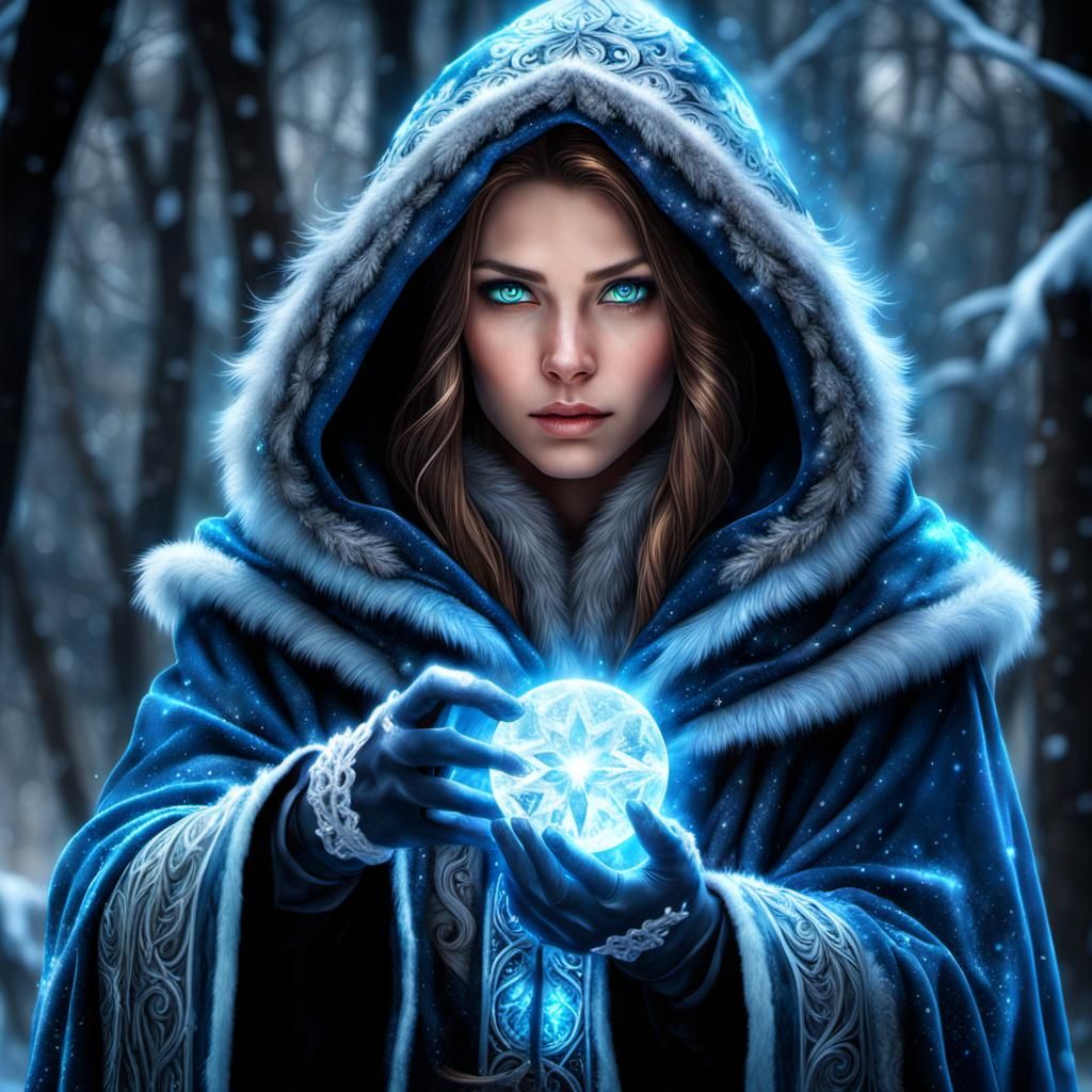 Female Mage Unleashing Frost Magic in Photorealistic Style