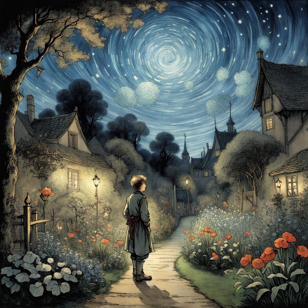 Whimsical Boy in a Celestial Garden Scene