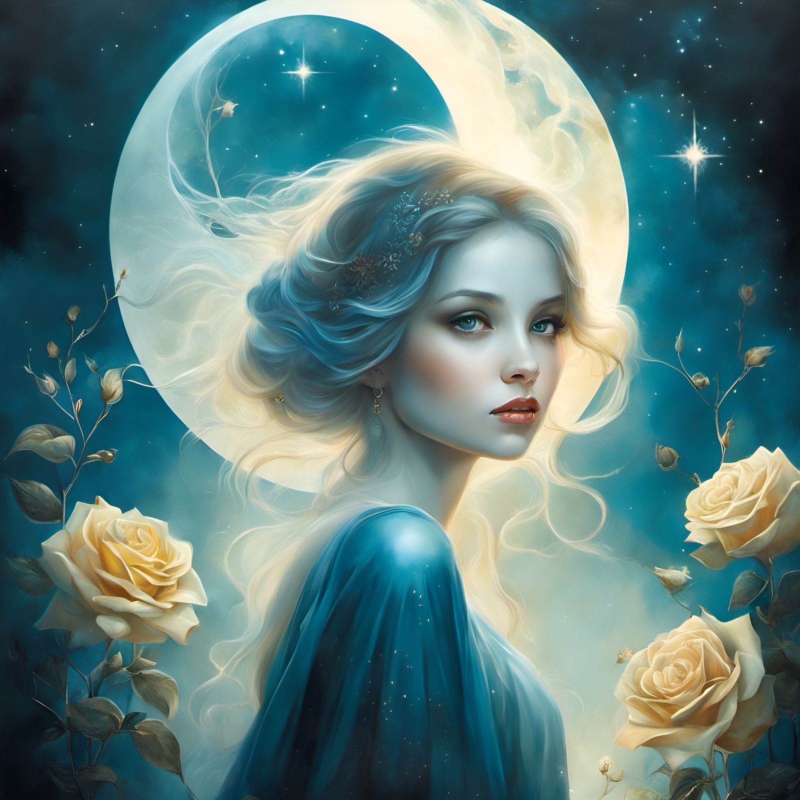 Girl with Golden Rose in Moonlit Garden
